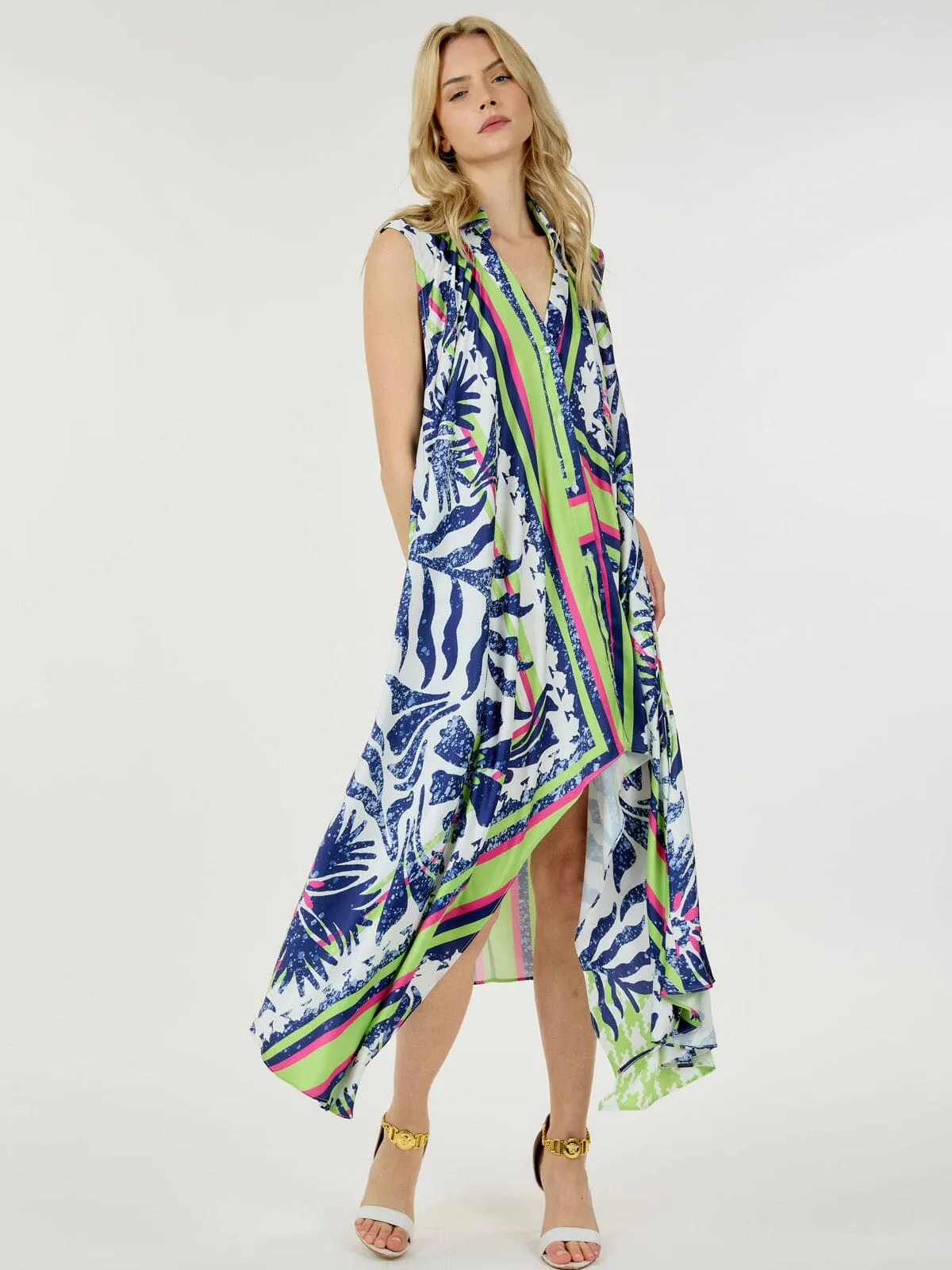 WOMEN'S SLEEVELESS FRONT POCKETS SELF TIE TUNIC MULTI PPRINT MAXI DRESS