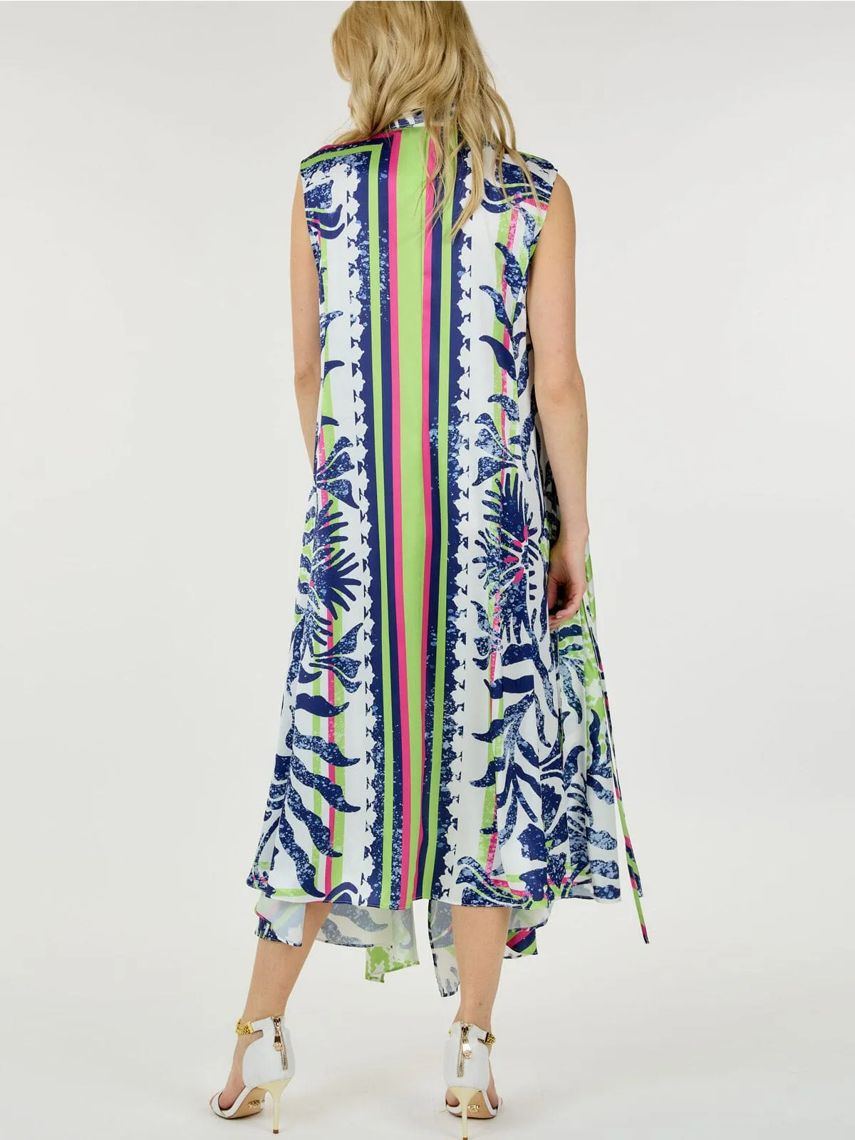 WOMEN'S SLEEVELESS FRONT POCKETS SELF TIE TUNIC MULTI PPRINT MAXI DRESS