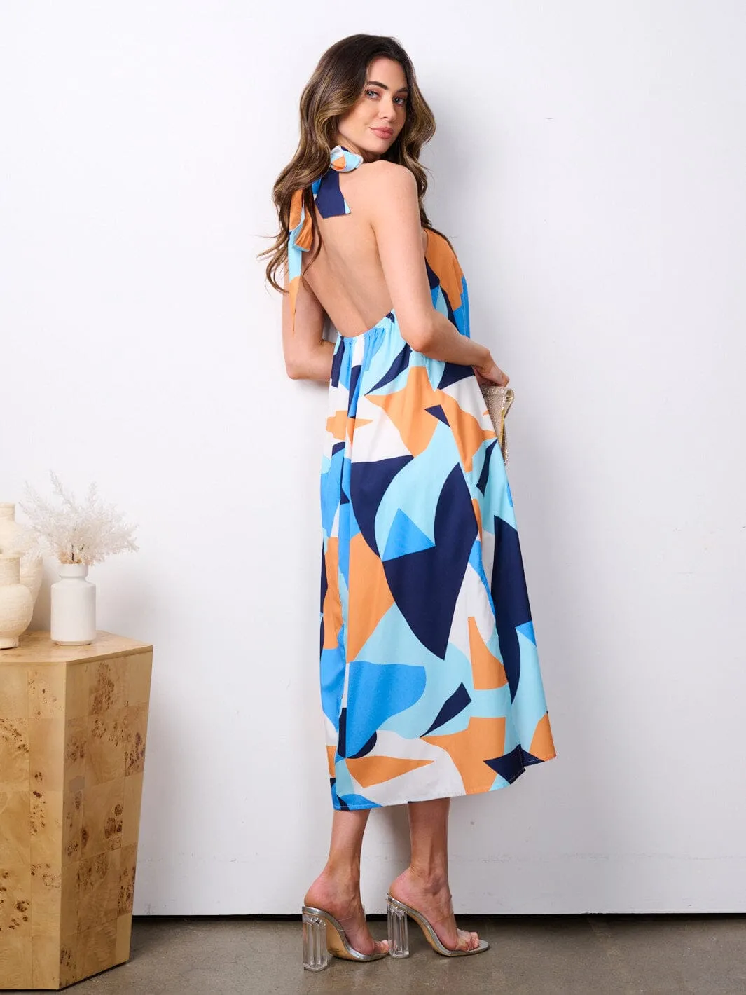 WOMEN'S SLEEVELESS HALTER NECK OPEN BACK MULTI PRINT MIDI DRESS