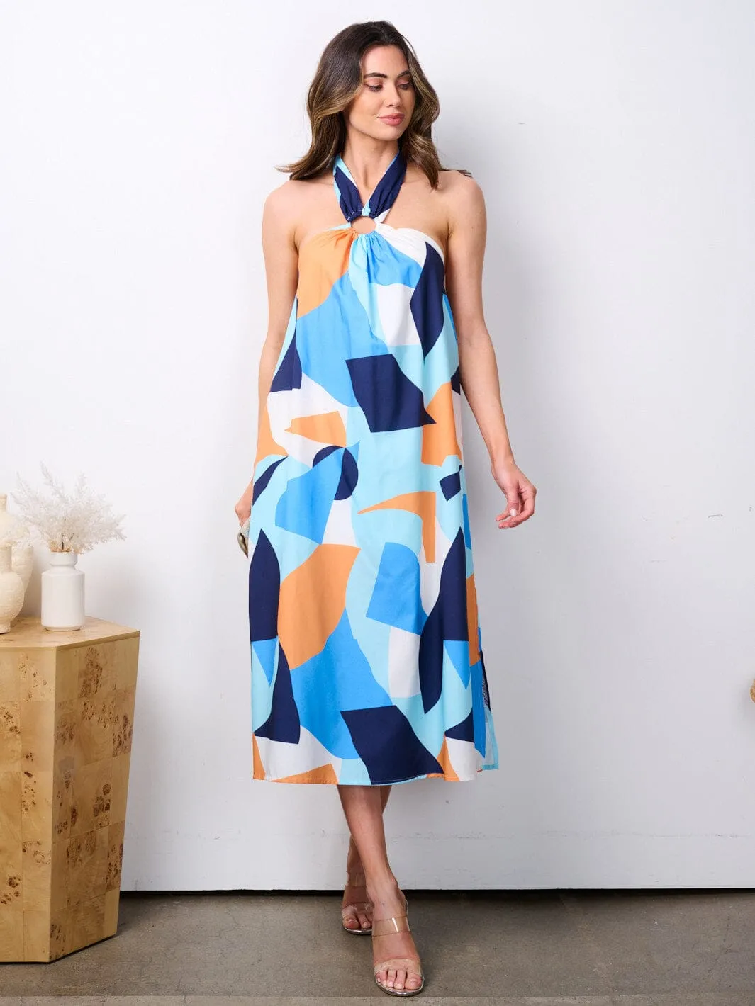WOMEN'S SLEEVELESS HALTER NECK OPEN BACK MULTI PRINT MIDI DRESS