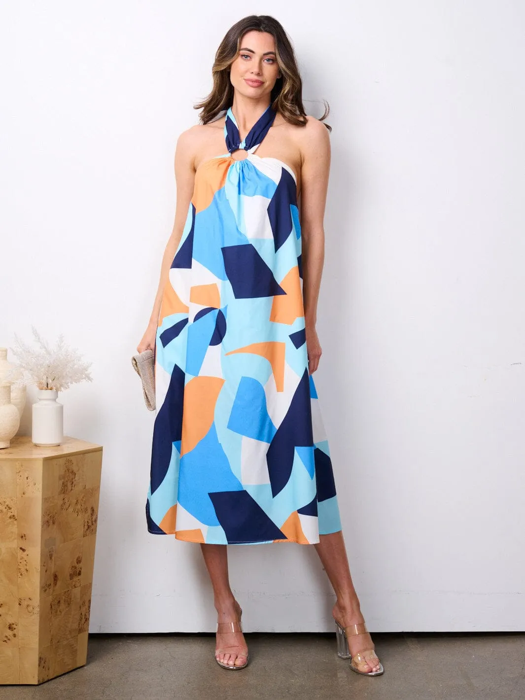 WOMEN'S SLEEVELESS HALTER NECK OPEN BACK MULTI PRINT MIDI DRESS