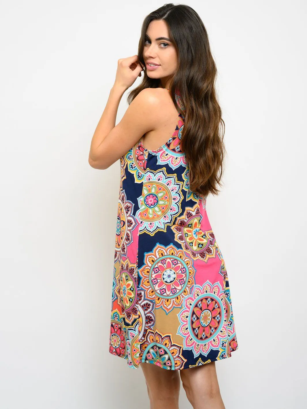 WOMEN'S SLEEVELESS MULTI PRINT MINI DRESS