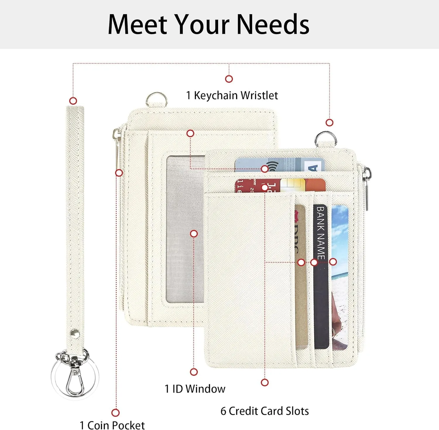 Wristlet Keychain Wallet For Women With Zipper-Off White